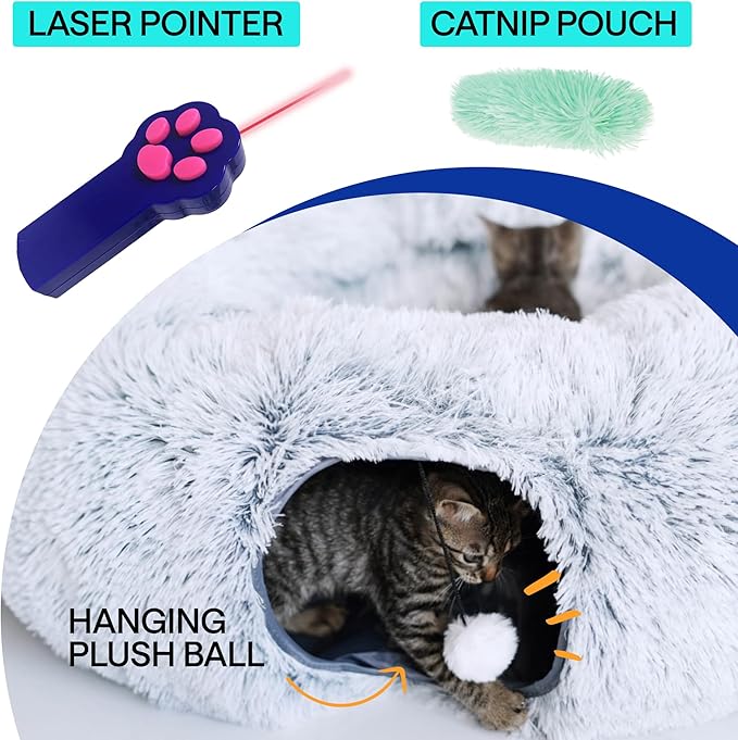 Cat Tunnel Bed Donut Cave – XL Plush Circle Hideaway for Indoor Cats, 3-in-1 Foldable Play Tunnel & Cozy Bed, Gift-Ready House Under Christmas Tree