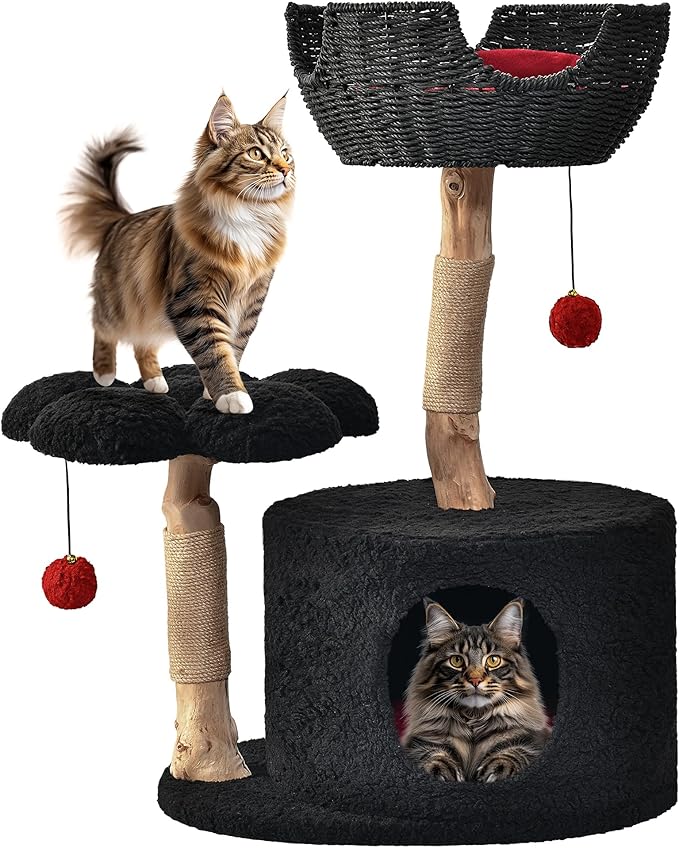 Easyego Modern Cat Tree, Aesthetic Wood Cat Tree Tower for Large Cats, Luxury Cat Condo with Scratching Posts and Flower Platforms, Cat Furniture by Easyego，(Black)