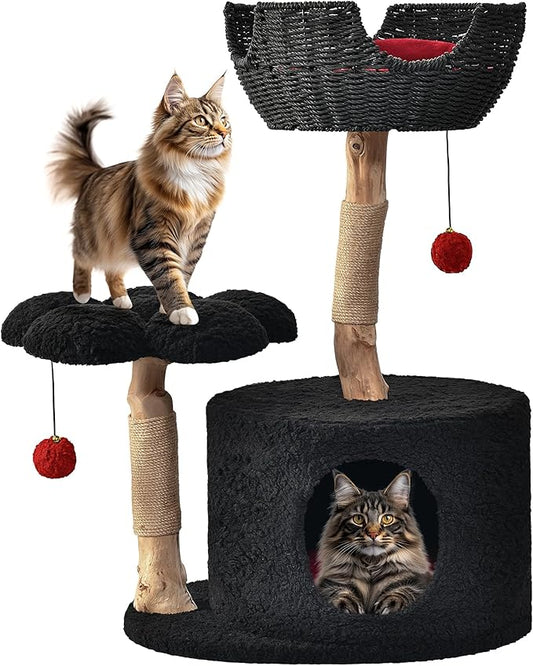Easyego Modern Cat Tree, Aesthetic Wood Cat Tree Tower for Large Cats, Luxury Cat Condo with Scratching Posts and Flower Platforms, Cat Furniture by Easyego，(Black)
