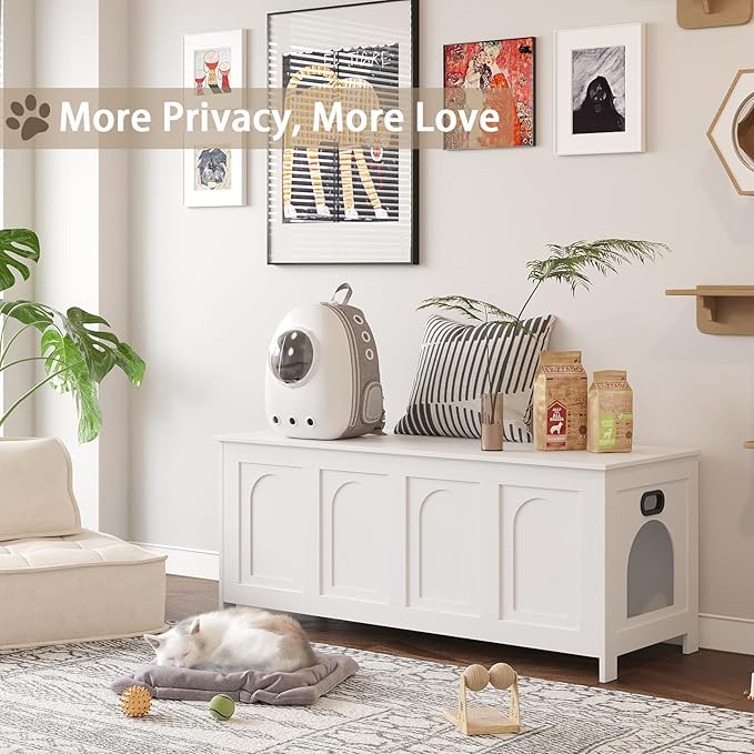DINZI LVJ Cat Litter Box Enclosure, Flip Top Litter Box Furniture, Hidden Cat Washroom, 2-Entrances Wooden Pet House, 47.2" L x 18.7" W x 19.7" H, End Side Table, TV Stand, Easy to Assemble, White