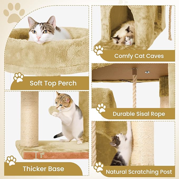 58.5inch Large Cat Tree Tower Condo for Indoor Cats, Soft Plush Multi-Level Climbing Tree Cat House with 1 360° Rotating Cat Cave, Scratching Post, More Entrance/Exit, Sisal Rope, Light Yellow