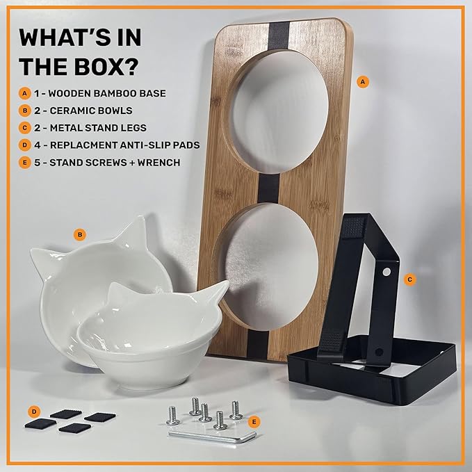 Elevated Cat Bowl Stand for Food and Water – Anti-Vomit Raised Feeding Station with Tilted Stand – Cat Ear Design, Removable Ceramic Bowls, Anti Slip Bamboo Base, Dishes for Indoor Cats & Kittens