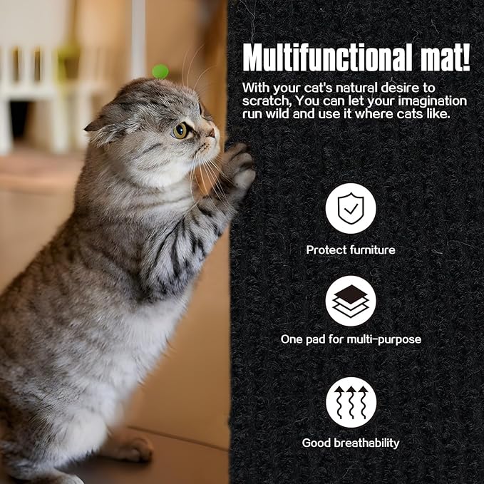 Cat Scratching Mat,Cat Scratch Furniture Protector, Trimmable Self-Adhesive Couch Protector,Carpet Replacement for Tree Shelves, Sofa and Scratching Post (40"x15.8",Black)