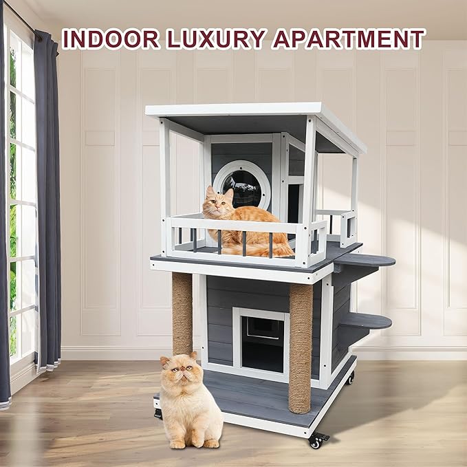 Rockever Outdoor Cat House, 2 Story Outdoor Cat Houses for Feral Cats Wooden Outside Cat Shelter Weatherproof with Escape Door & Cat Scratching Post