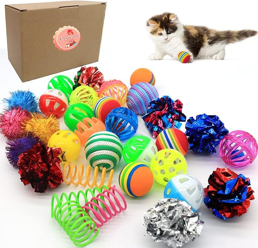 LASOCUHOO Cat Toys Kitten Assortment - Rainbow, Crinkle, Sparkle, Bell & Sisal Balls for All Cats - 30 Packs