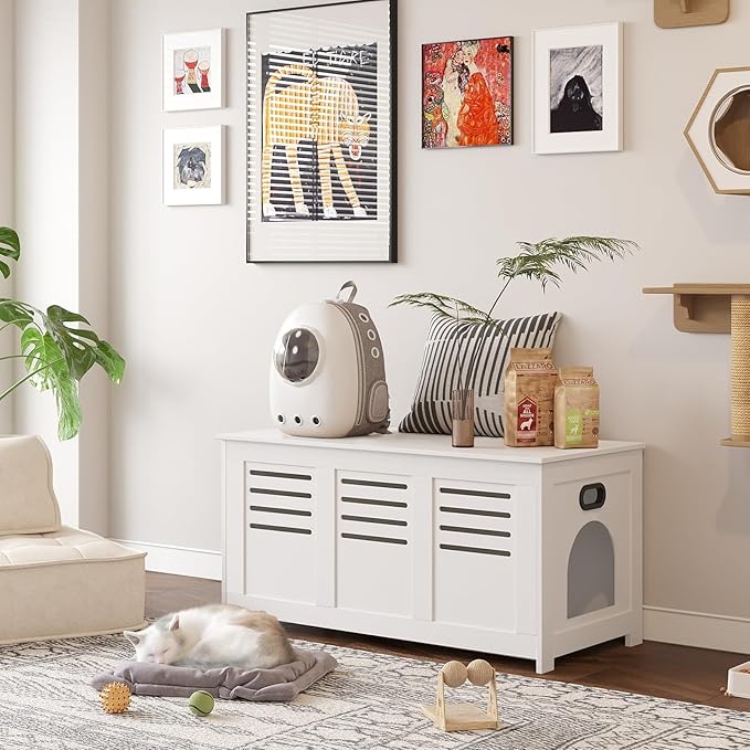 DINZI LVJ Litter Box Enclosure, Flip Top Litter Box Furniture, Hidden Cat Washroom, Wooden Cat House, End Table, 39.4" L x 19.7" W x 19.7" H, Good Ventilation, Easy to Assemble, White