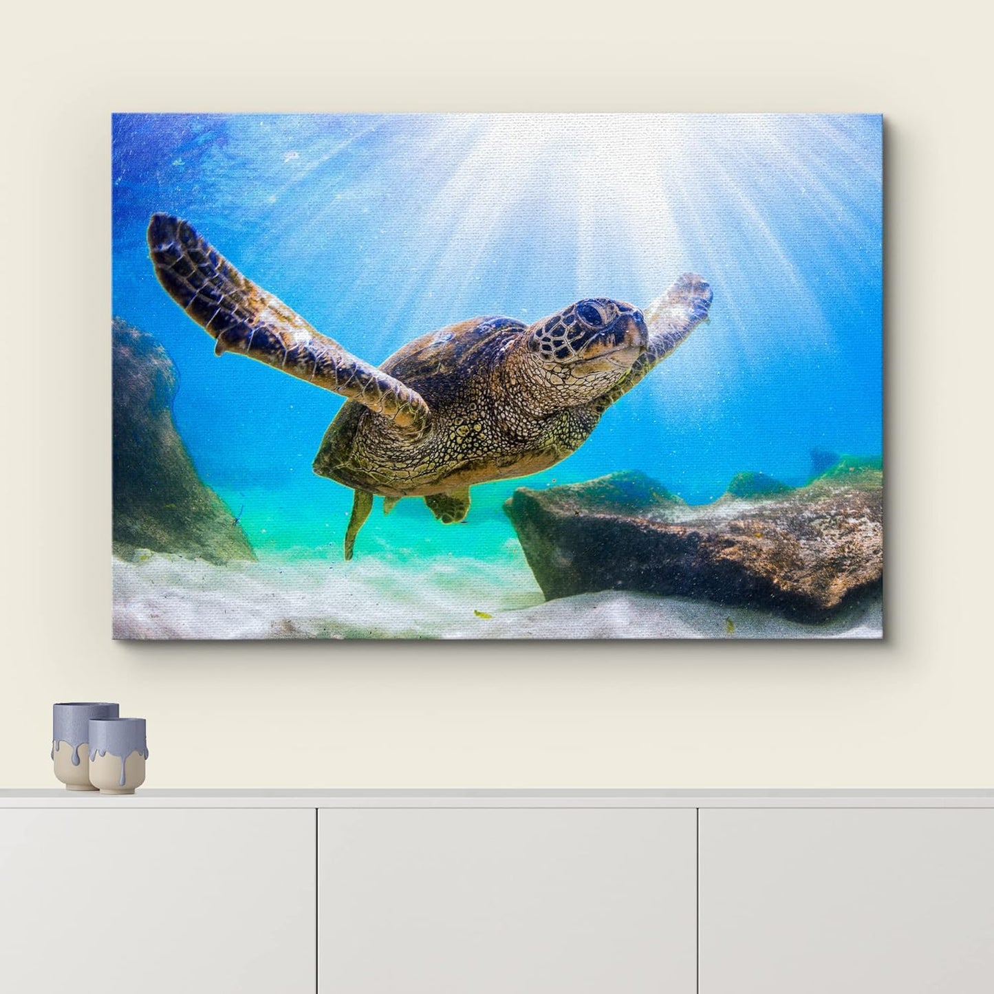 wall26 Canvas Print Wall Art Sunlight Ray Tropical Turtle Swimming Ocean Nature Animals Photography Realism Rustic Scenic Landscape Wilderness Colorful for Living Room, Bedroom, Office - 32"x48"