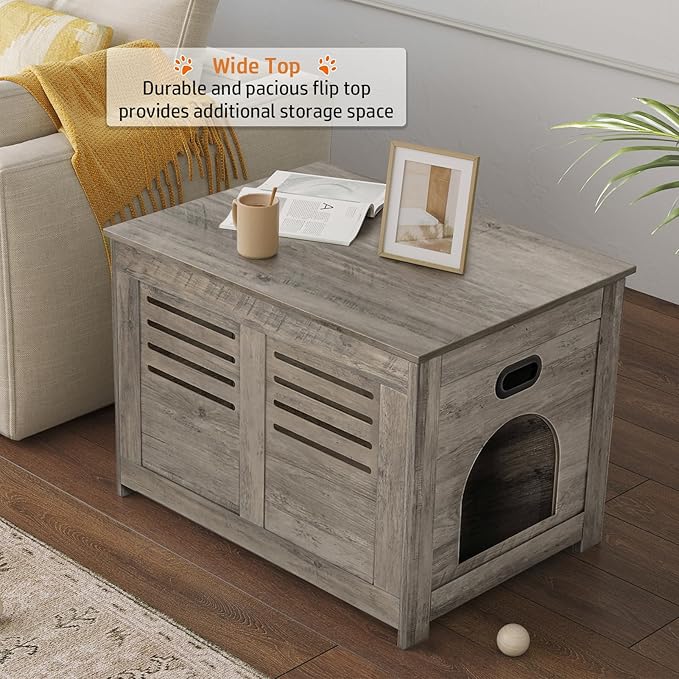 DINZI LVJ Litter Box Enclosure, Flip Top Litter Box Furniture, Hidden Cat Washroom, Wooden Cat House, End Table, 31.5" L x 19.7" W x 19.7" H, Good Ventilation, Easy to Assemble, Gray Wash