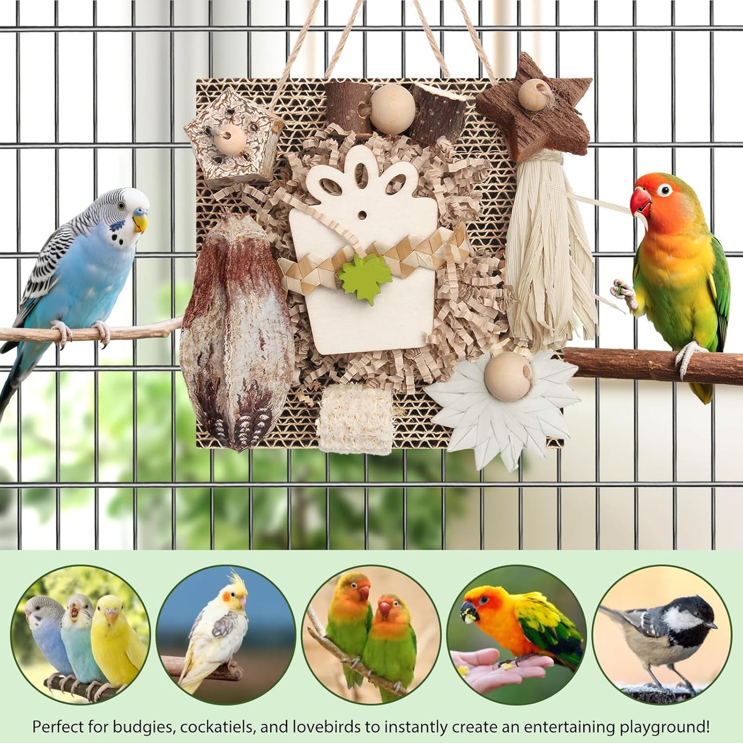 Kyouki Bird Toys, Parakeet Toys, Parrot Toy, Conure Hanging Chewable Cardboard Foraging Suitable for Budgies, Cockatiels, Lovebirds, Sun Conures - and Other Small/Medium Parrots (Medium)