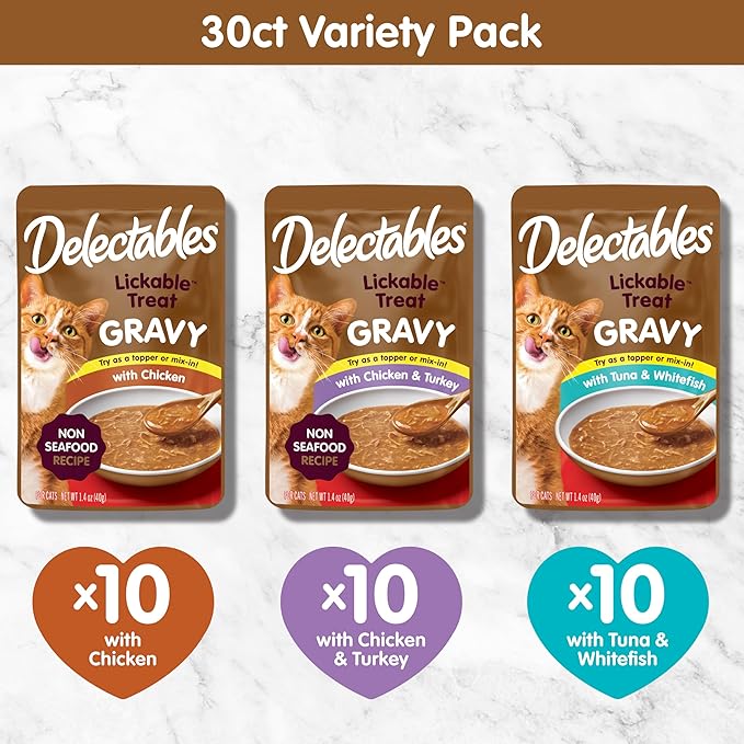 New! Delectables Gravy Lickable Wet Cat Treat & Food Topper, Variety, 30 Pack