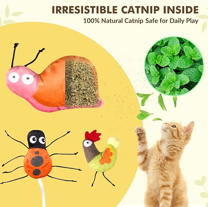 3-Pack Catnip Toys for Cats – Plush Cat Toys with Organic Catnip, Interactive Cat Toys for Indoor Cats, Snail, Rooster & Ladybug Shapes
