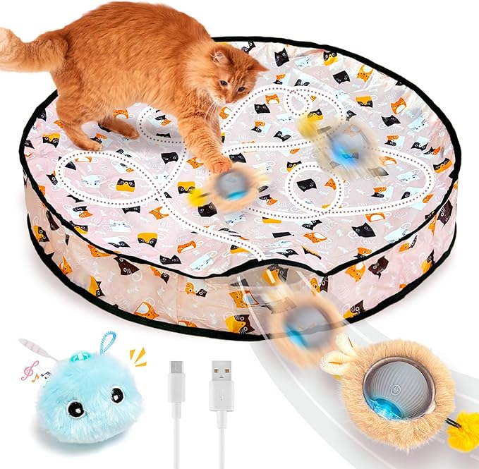Rechargeable Automatic Cat Toy Ball - Smart Interactive Touch-Activated Motion with 2 Balls & 28" Play Mat for Indoor Cats - Boredom Relief for Kittens & Adult Cats