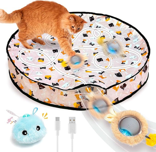 Rechargeable Automatic Cat Toy Ball - Smart Interactive Touch-Activated Motion with 2 Balls & 28" Play Mat for Indoor Cats - Boredom Relief for Kittens & Adult Cats