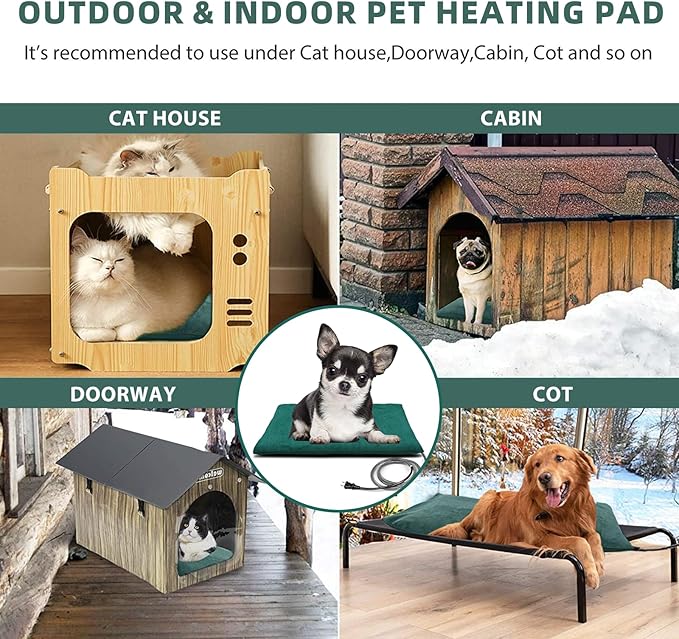 PETNF Outdoor Heated Pet Bed with Waterproof Cover,Pet Heating Pads for Dog,Soft Electric Blanket Auto Temperature Control,Heating Mat for Dog House Cabin Cot Doorway,Rescue Cats,Green
