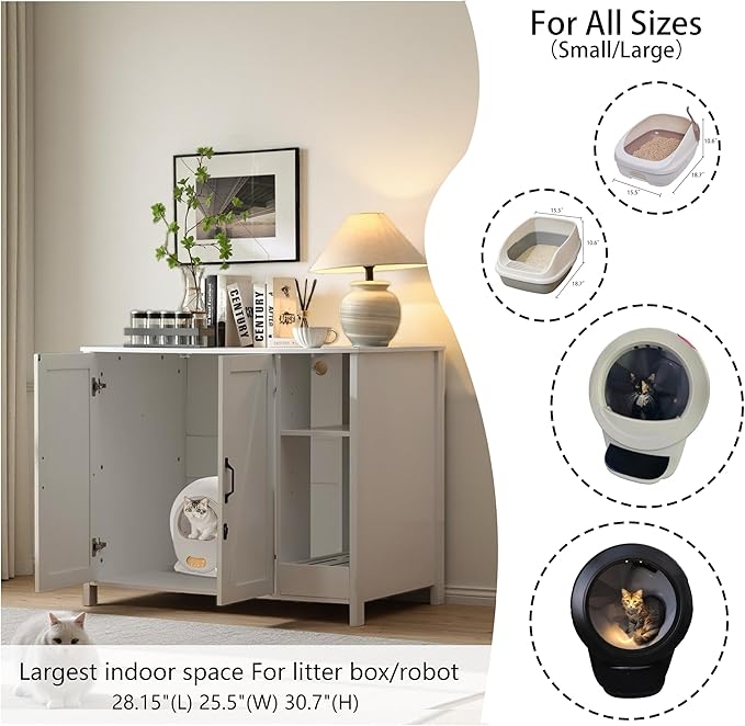 Cat Litter Robot Enclosure with Litter Collector,Cat Litter Cabinet with Dog Proof Adjustable Shelf,for Placing Litter Robot 3/4,Power Outlet (Cloud White)