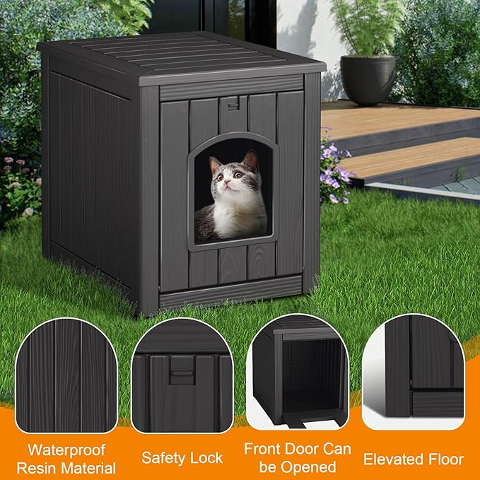 Cat House Outdoor Indoor - All-Weather Resin Cat Houses for Outdoor Cats, Durable & Insulated Pet Shelter for Garden Patio Backyard