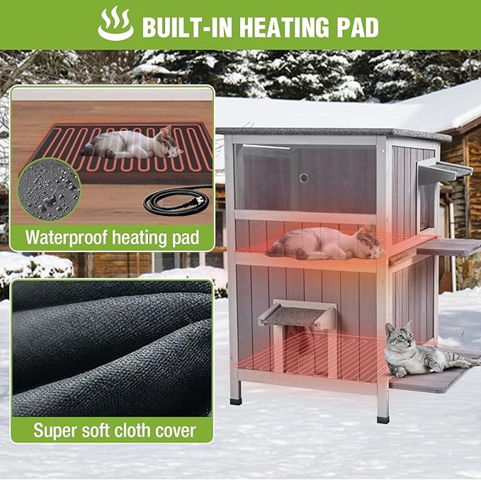 GUTINNEEN 2-Story Heated Cat House Large Outdoor Insulated Cat House Weatherproof Feral Cat Shelter with Heated Pad, Insulated All-Round Thermal Liner for 1-4 Cats (Winter-Ready)