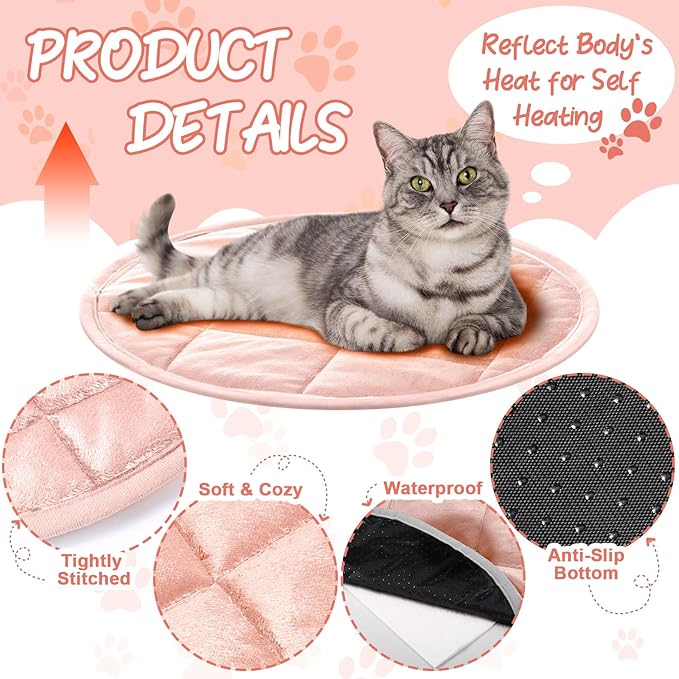 2 Pcs Cat Heating Pad Round 16 Inch Self Heating Cat Mat Washable Heated Bed Anti Slip Warming Pad Pet Bed Mat for Kennel Dog Crate Indoor Outdoor (Pink,16 Inch)