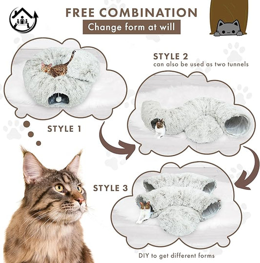 Large Cat Tunnel Bed for Indoor Cats Warm Fluffy Plush Cat Cave Tunnel Bed Collapsible, Washable, 3 Way and Multifunctional with Dangling Balls for Cats, Kittens and Rabbits- Brown
