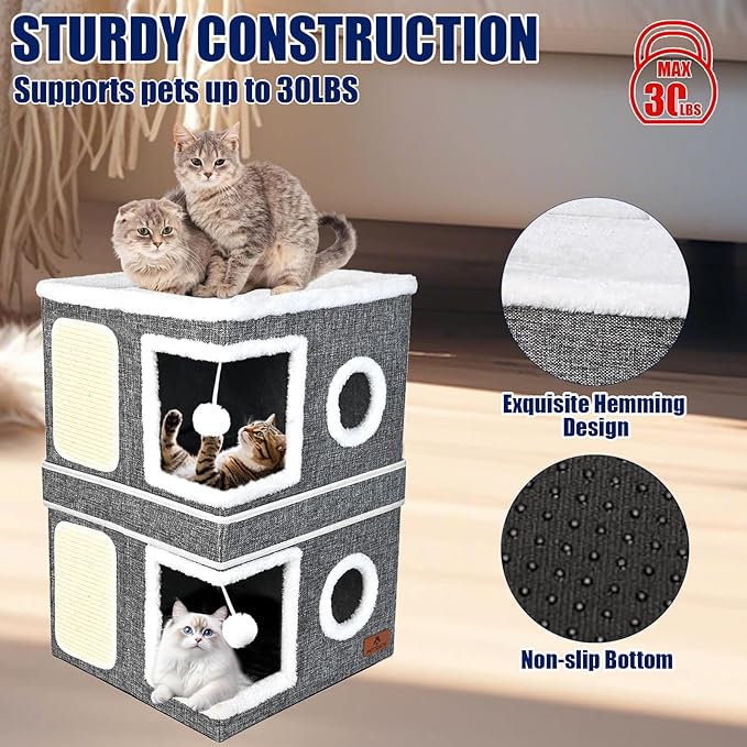 2-Story Cat House for Indoor Cats, Dual-Purpose Cave Bed with Scratch Pad and Fluffy Ball, Foldable Cat Hideaway, Cute Condo Furniture for Multi Small Pet Kitten, Grey
