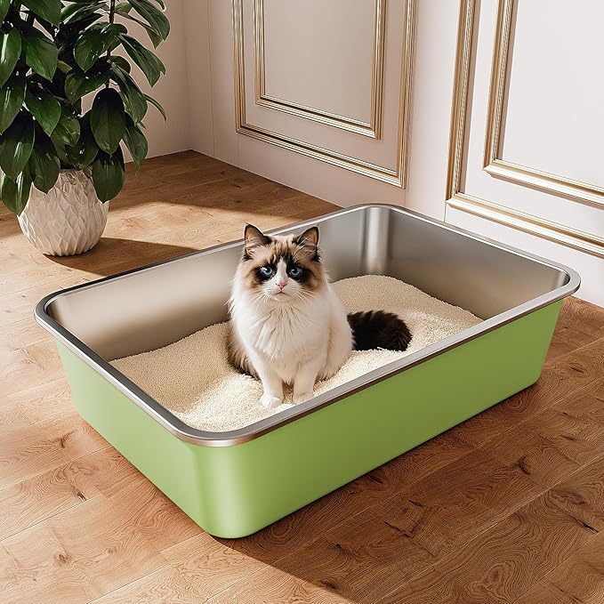 Stainless Steel Litter Box, Large Metal Cat Litter Box with High Sided for Big and Small Cats, Non-Stick, Easy to Clean, Odor-Free, 23.4" L×15.6" W×5.9" H, Leaf Green