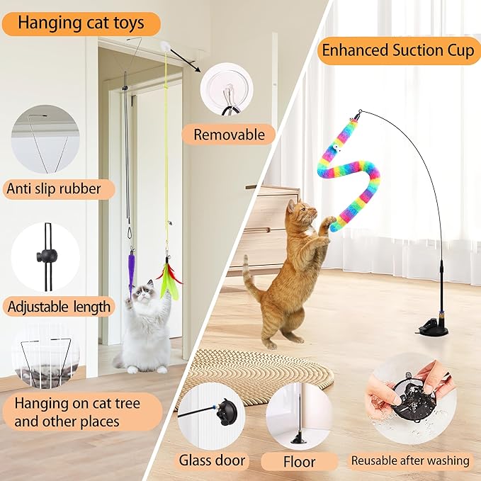 Soarer 4-in-1 Interactive Cat Feather Toys,12Pcs Durable Fishing Pole Cats Feathers Toy Replacements,Enhanced Suction Cup Cats Wand Toy,2 Types Door Hanging Cat String Toys for Indoor Kitten
