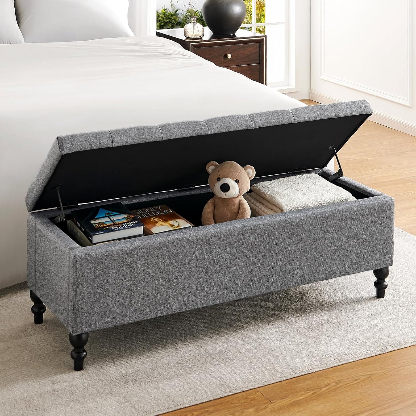Ottoman with Storage,50.2-inch Upholstered End of Bed Storage Bench for Bedroom,for The Living Room,for Entryway, with Button and Safety Hinges,Detachable (Grey)