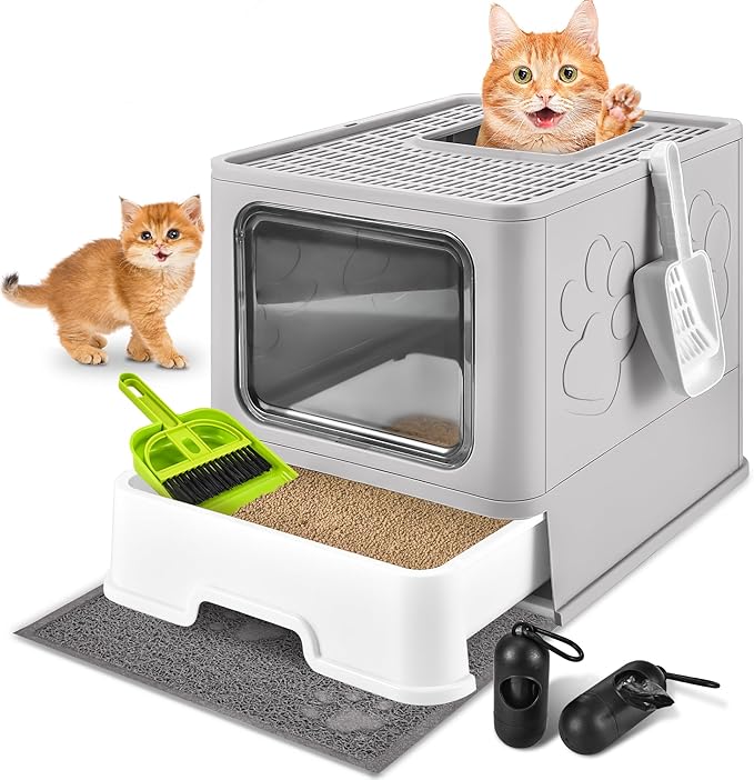 Cat Litter Box with Litter Mat, Foldable Extra Large Free in and Out/One-Way with Lid, Drawer Type Enclosed Kitty Litter Box,Odor Control Anti-Splashing Easy Cleaning (Light Grey)