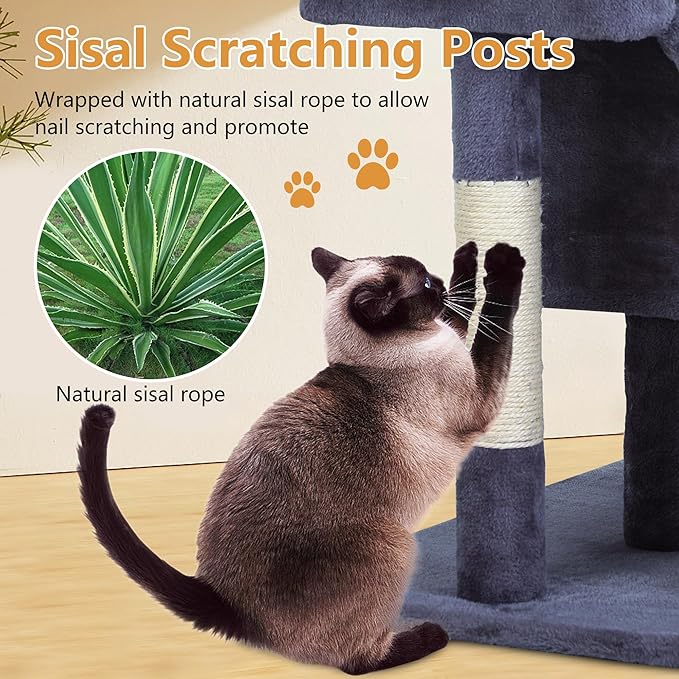 FDW Cat Tree for Indoor Cats 36 Inches Cat Tower Multi-Level Indoor Cat Play Condo House with Scratching Posts, Spacious Perch, Sisal Posts and Dangling Toys (Dark Grey)