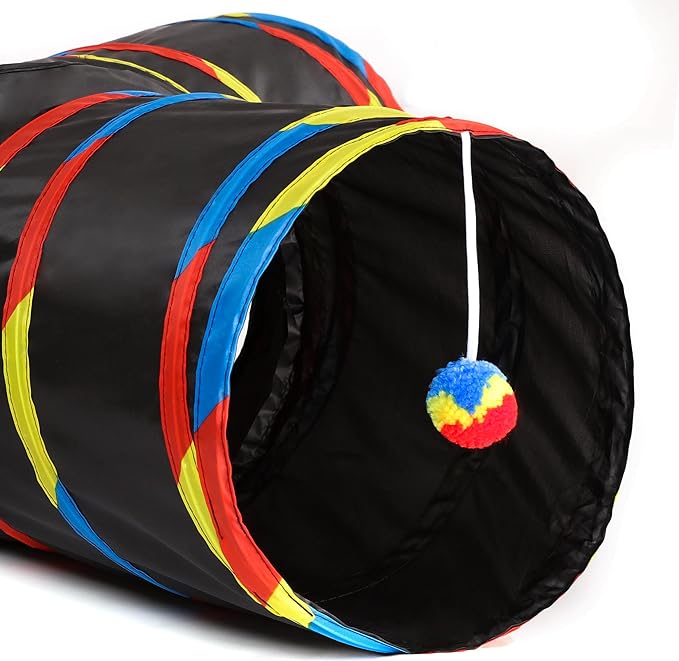 Tempcore 3 Way Collapsible Cat Tube Toys, Kitty Tunnel with Peek Hole Toy Ball, Black & Rainbow