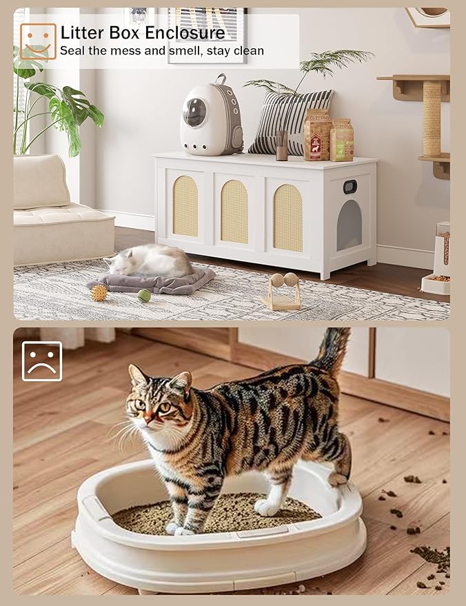 DINZI LVJ Cat Litter Box Enclosure, Flip Top Litter Box Furniture, Rattan-Like Hidden Cat Washroom, Wooden Pet House, End Side Table, 39.4" L x 19.7" W x 19.7" H, Easy to Assemble, White with Rattan