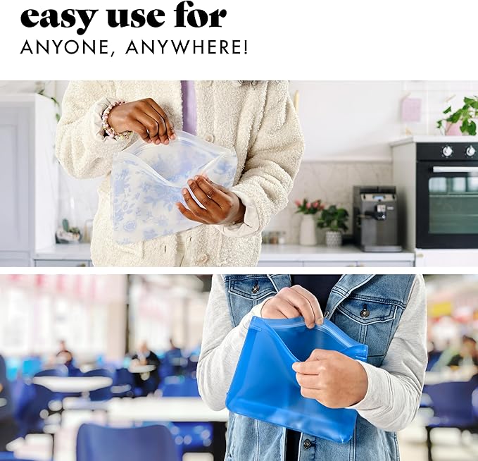 Fit & Fresh Reusable PEVA Storage Bags 3 Pack, Reusable Food Storage Bags, LeakProof, Durable, Sandwich Bags, Freezer Safe, Hand Wash, Easy to Clean, Eco-Friendly, Blue Floral Toile