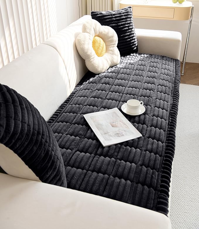 Faux Fur Plush Dog Couch Cover 3D Stripe Fuzzy Sofa Cover Non-Slip Fluffy Dog Bed Cover Pet Blanket Sofa Couch Furniture Protector for Puppy Large Dog Cat (Black,24"x35")