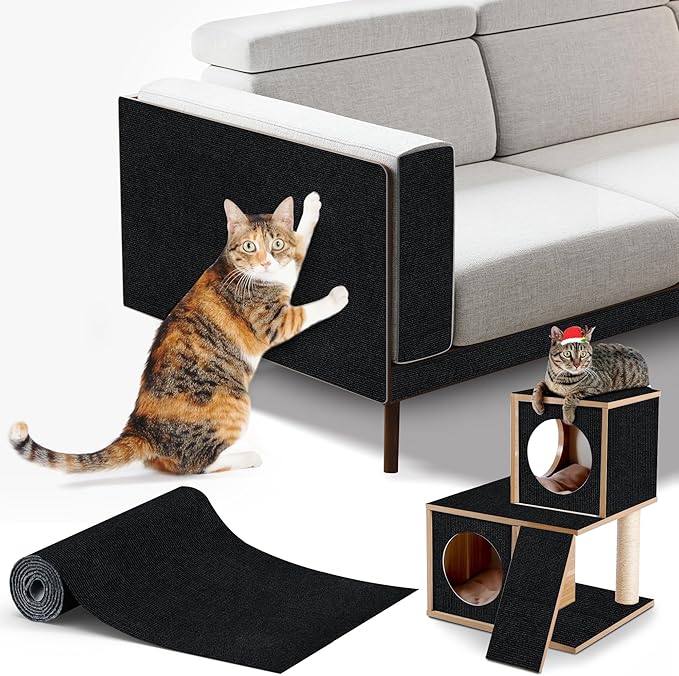 Cat Scratching mat Self-Adhesive, Trimmable Furniture Protector for Couch, Sofa, Wall & Cat Trees - Durable Scratch Pad with Nano Tape, DIY Climbing Carpet for Indoor Cats (Black, 23.6"x15.8")
