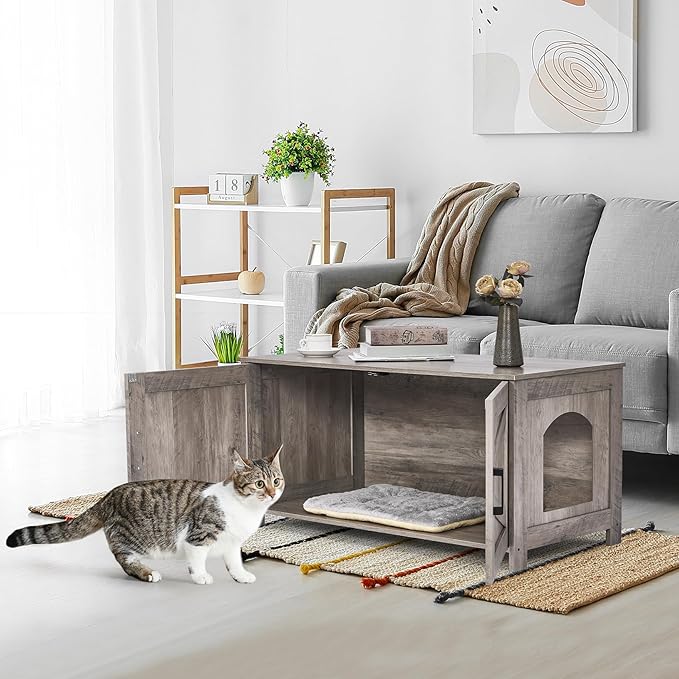 Homhedy 39.4" L Cat Litter Box Enclosure, Pet House with Barn Door, Wooden Cat Washroom Furniture, Fit Most of Litter Box, Greige
