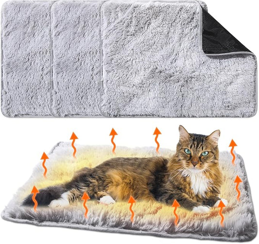4 Pack Self Warming Cat Bed Pad Self Heating Dog Mat with Fluffy Faux Fur Plush Cat Calming Bed Thermal Mat Washable Pet Pad Anti Slip Bottom for Outdoor Indoor Pets(Grey,18" X 24")