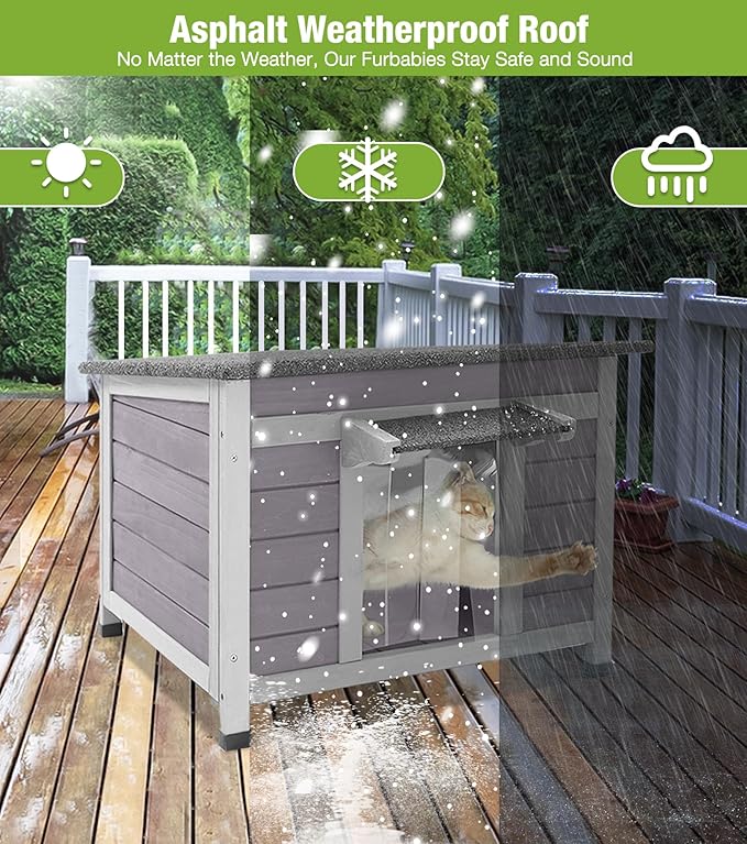 GUTINNEEN Insulated Cat House Outdoor Weatherproof, Wooden Cat Shelter with 0.78" Thick Insulated Liner, Asphalt Roof, Elevated Base, Kitty House for Winter