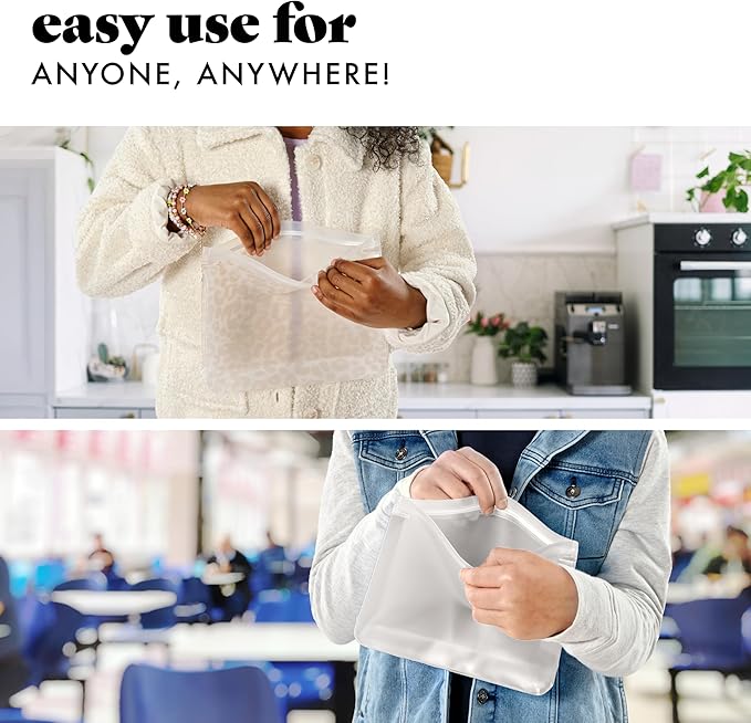 Fit & Fresh Reusable PEVA Storage Bags 3 Pack, Reusable Food Storage Bags, LeakProof, Durable, Freezer Safe, Hand Wash, Easy to Clean, Eco-Friendly, Ivory Feline Fine