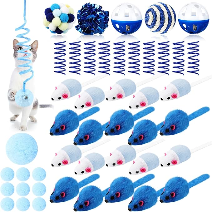 46 Pcs Cat Toys Set Interactive Cute Cat Toys Include Fur Mice Rattle Springs Crinkle Balls Pompom Bell Sisal Ball Puzzle Chase Toys for Kitten Indoor Stuff Gift(Blue)