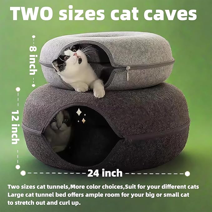 Donut Cat Tunnel Bed Peekaboo Cat Cave for Large Cats Up to 30 Lbs, Kitty Interactive Playing Tent House for Multiple Cats,Detachable,Scratch Resistant (Light Gray, Large - 24 Inch Diameter)