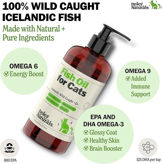 Deley Naturals Wild Caught Fish Oil for Cats with 2X Omega - Cat Fish Oil with Highest EPA & DHA Potency - Omega 3 for Cats for Shedding, Skin, Coat, Joints, Heart and Immune System - Made in The USA