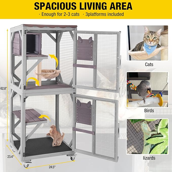 Cat House Outdoor Catio for Catis Mobile Enclosures on Wheels Large Cat Cage with Waterproof Cover,Resting House,62.8"