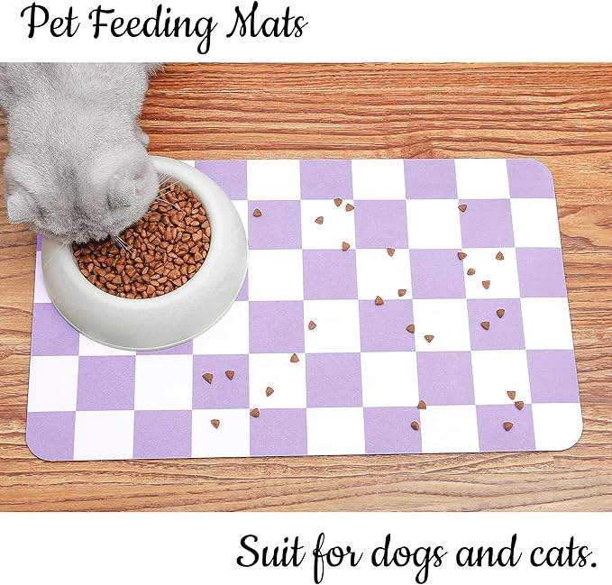Ralxion Checkered Dog Feeding Mat, Absorbent Mats for Dog Food and Water Bowl, Dispenser, Aesthetic Purple Checkerboard Pet Placemat for Dogs, Cats, Puppy Accessories (Purple, 12 x 19)