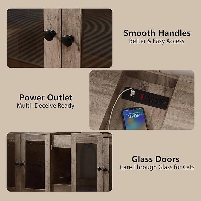 Double Cat Litter Box Enclosure for 2 Cats,Modern Double Litter Box Furniture with 7 Colors LED and Built-in Power Outlet,Large Cozy Cat Home,4 Glass Doors for Better Viewing,Grey