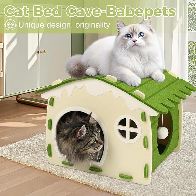 Babepets Cat House for Indoor Cats, Medium Felt Bed Cave with Ball Hanging, Foldable Detachable Cats Condo, Scratch Resistant Hideaway for Multiple Pets up to 20Lbs, House Cat Playhouse, Army Green