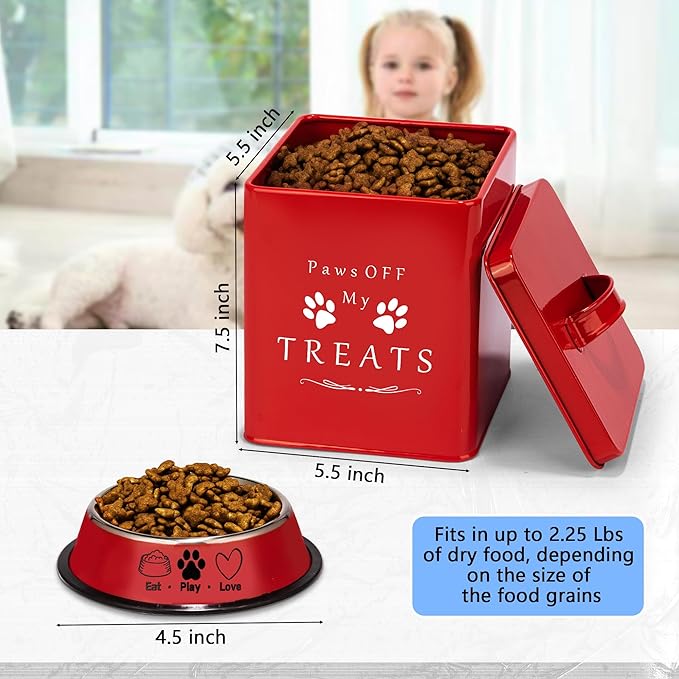 Meraki Home Dog Food Bin & Treats Container - Lateral Handles and Tight Lids - Feed Scoop - Premium Glossy Red Pet Food Bowl -Large Farmhouse Metal Storage Bin - Great Gift for Cute Pets (Glossy Red)