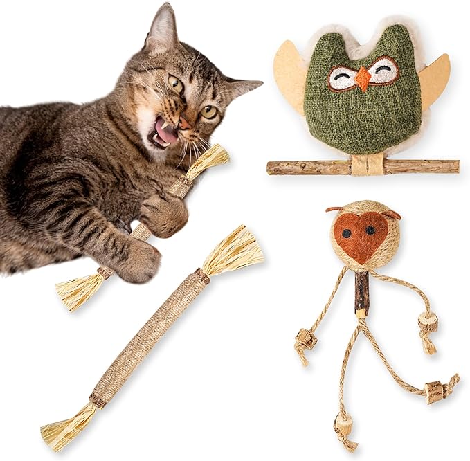 3-Pack Silvervine Sticks for Cats with Sisal Rope – Cat Toys for Indoor Cats, Catnip Chew Toys for Nature Dental Care & Interactive Play