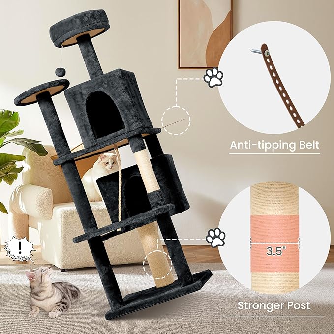 58.5inch Large Cat Tree Tower Condo for Indoor Cats, Soft Plush Multi-Level Climbing Tree Cat House with 1 360° Rotating Cat Cave, Scratching Post, More Entrance/Exit, Sisal Rope, Grey Black