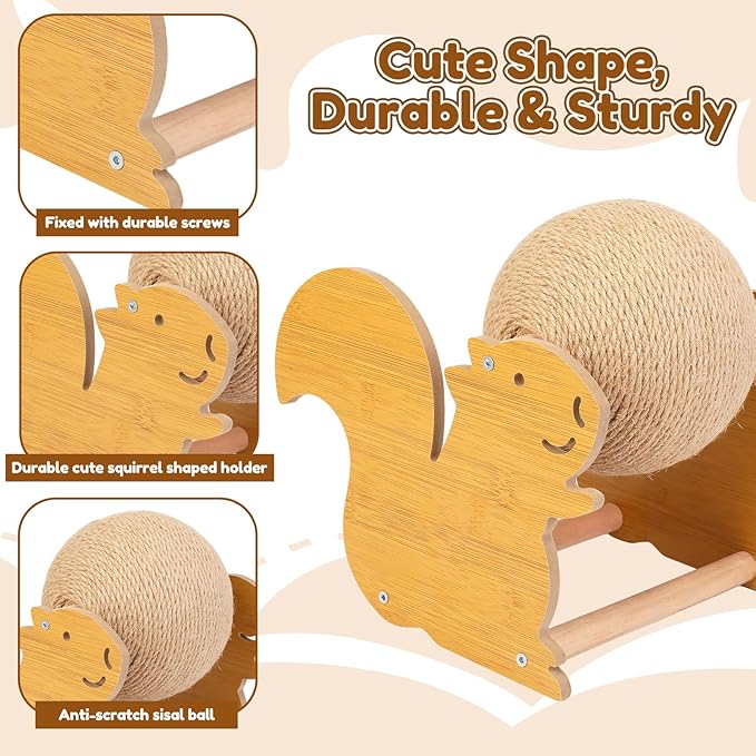 Outamateur Cat Scratching Ball Toy, Sisal Scratching Ball with Cute Stable Stand, Interactive Play and Exercise Toy for Kittens, Cats, Small Pets (Squirrel)