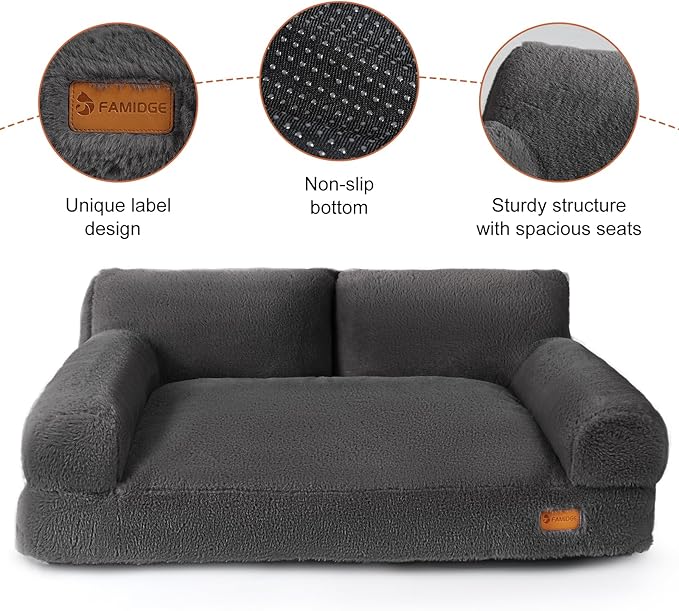Dog Couch Bed - Cat Bed for Indoor Cats, Calming Pet Sofa Puppy Sleeping Bed with Removable Washable Cover, Cute Dog Couch and Lounge Chair for 45lbs Cats & Small Medium Dogs(Dark Grey)